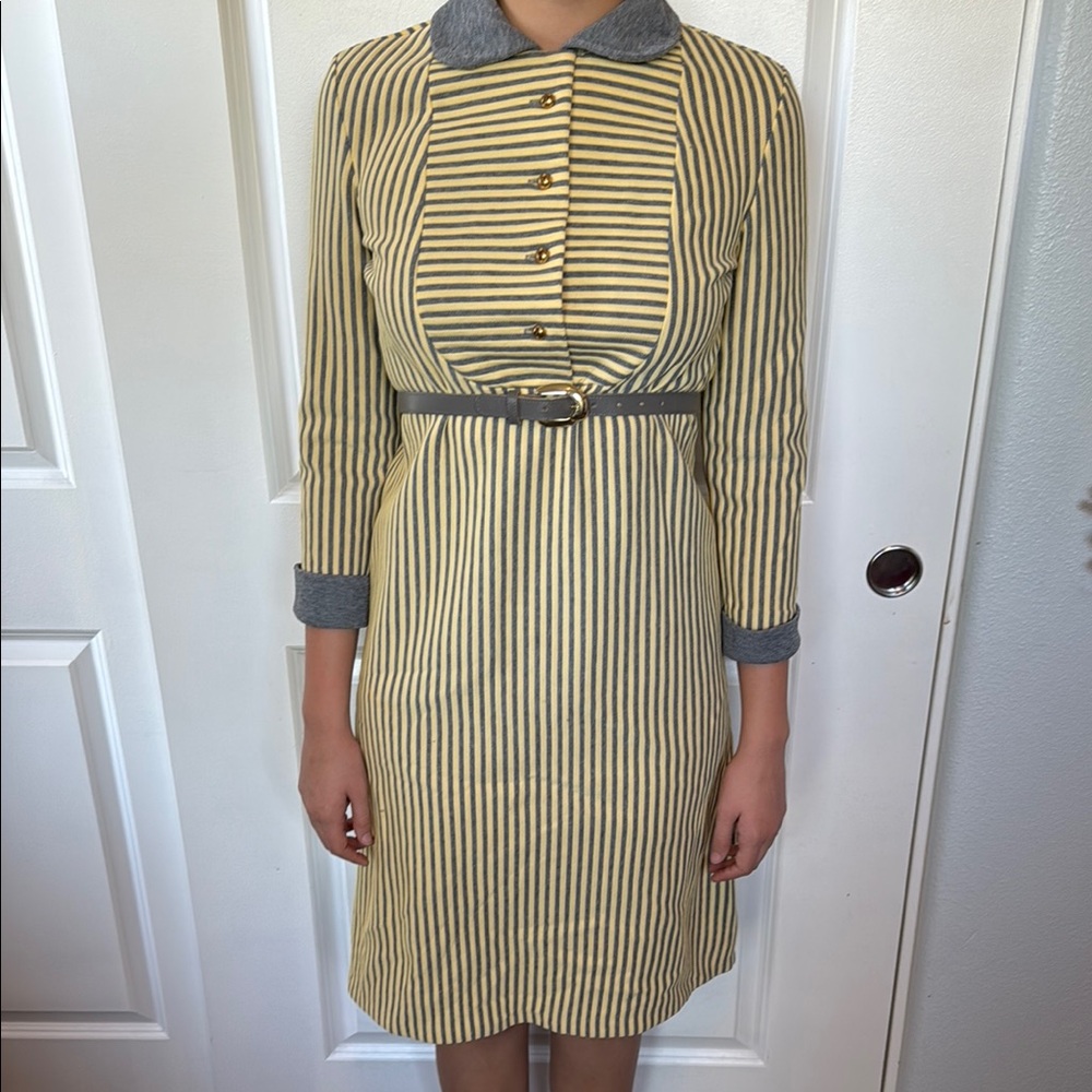 VINTAGE 60s DAVID CRYSTAL striped yellow and gray dress includes belt M L - Picture 8 of 12